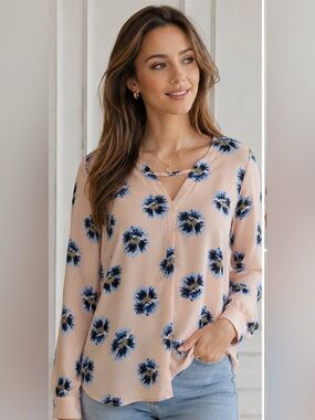 LOFT Blush Pink Blue Floral V-Neck Blouse Long Sleeve Feminine Top Large classic